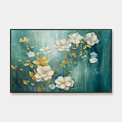GOLDEN GARDEN: White and Gold Floral Painting, Teal Green Background Wall Art, Horizontal Canvas, Impressionist Decor | hanging in living room, Impressionist wall art