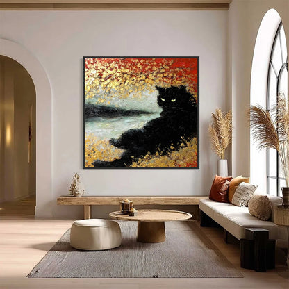 GOLDEN GAZE: Textured Impasto Black Cat Painting with Gold Leaf | Abstract closeup, raised brushwork detail