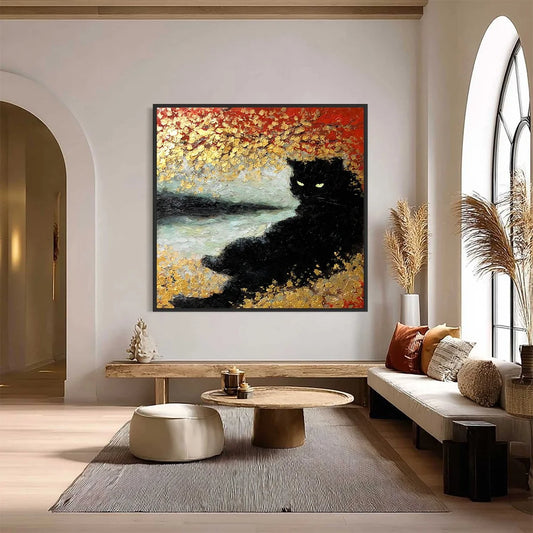 GOLDEN GAZE: Textured Impasto Black Cat Painting with Gold Leaf