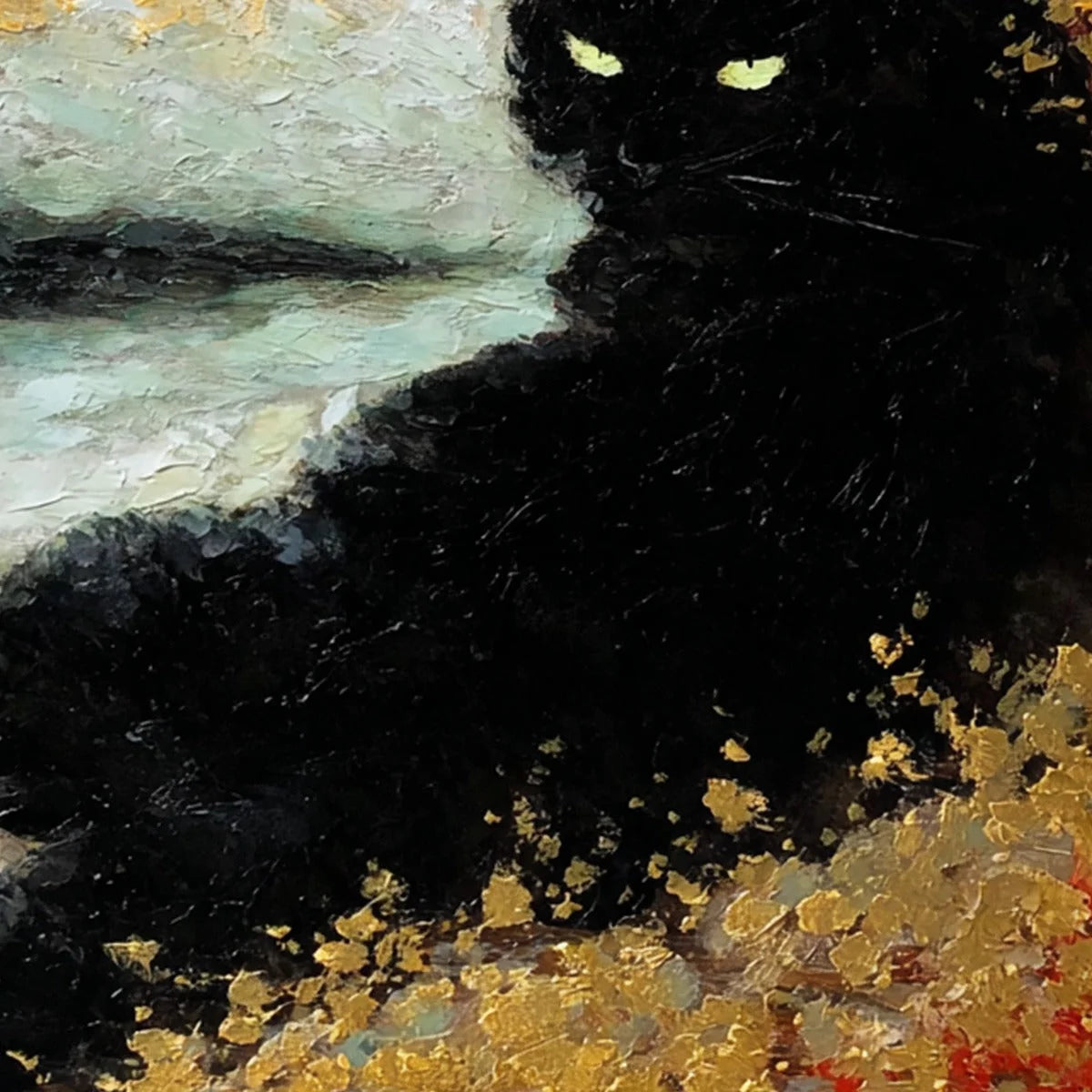 GOLDEN GAZE: Textured Impasto Black Cat Painting with Gold Leaf | rectangular format, hand-painted canvas edge