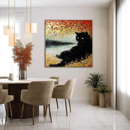 GOLDEN GAZE: Textured Impasto Black Cat Painting with Gold Leaf | gold frame stretched on neutral wall