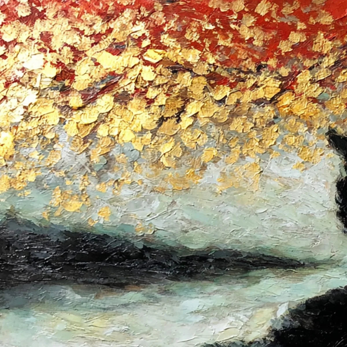 GOLDEN GAZE: Textured Impasto Black Cat Painting with Gold Leaf | rolled canvas, ready for custom framing
