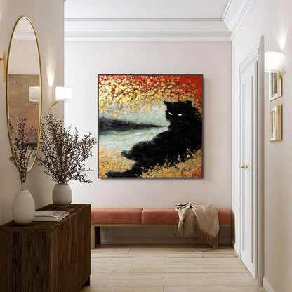 GOLDEN GAZE: Textured Impasto Black Cat Painting with Gold Leaf | black frame version on white wall