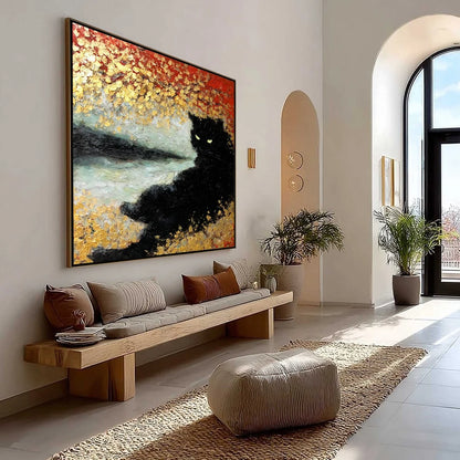 GOLDEN GAZE: Textured Impasto Black Cat Painting with Gold Leaf | Abstract mood, soft natural light studio shot