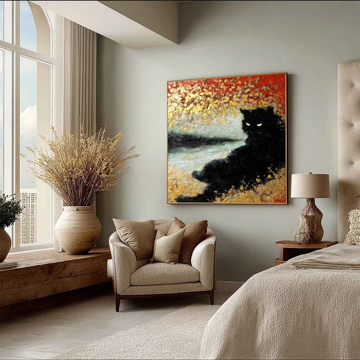 GOLDEN GAZE: Textured Impasto Black Cat Painting with Gold Leaf | yellow palette, original oil on stretched canvas art