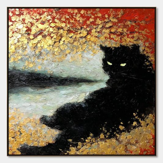 GOLDEN GAZE: Textured Impasto Black Cat Painting with Gold Leaf | hanging in living room, Abstract wall art
