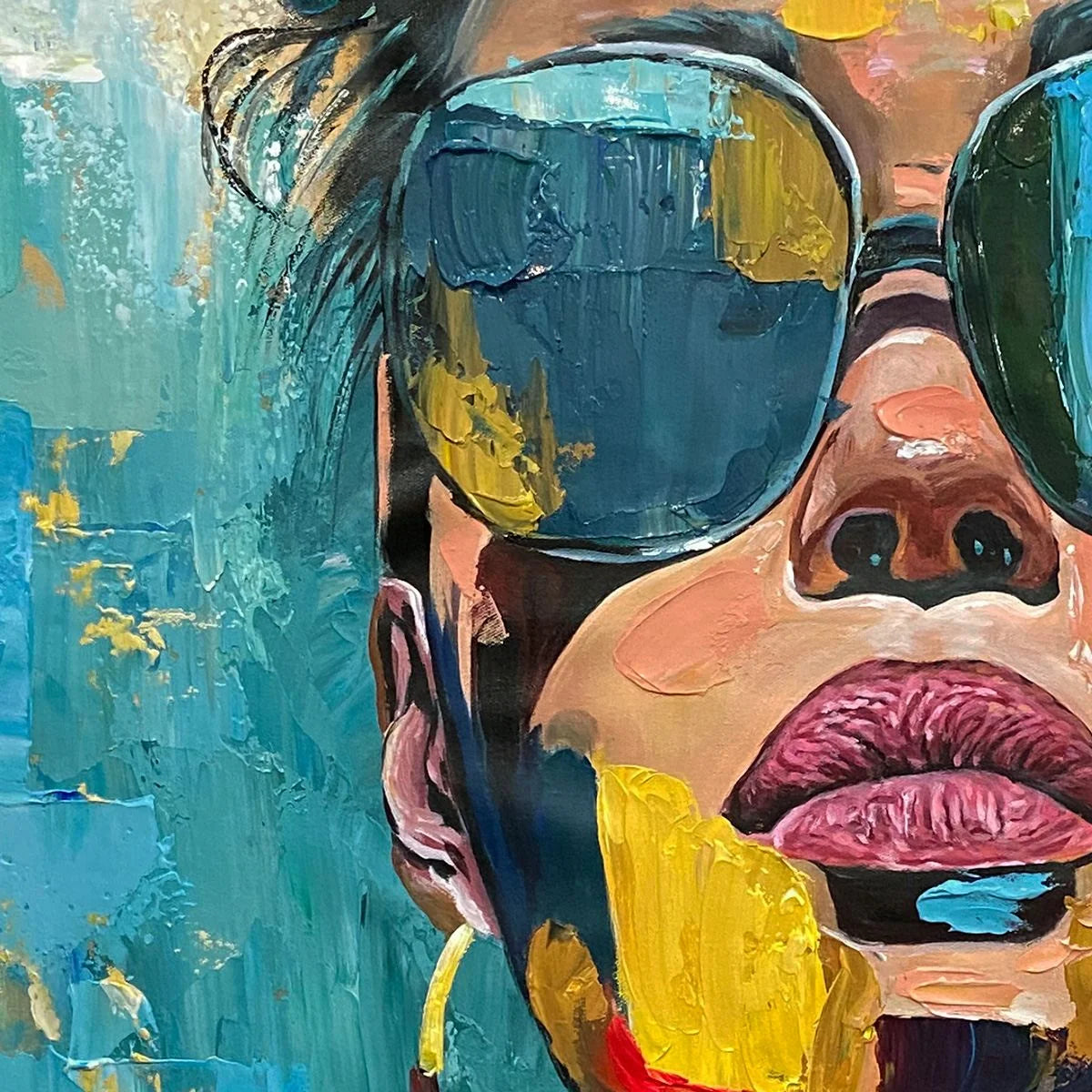 GOLDEN GAZE: Modern Portrait Impasto Oil Painting | rectangular format, hand-painted canvas edge