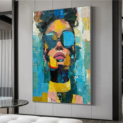 GOLDEN GAZE: Modern Portrait Impasto Oil Painting | gold frame stretched on neutral wall