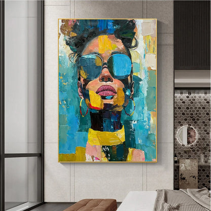 GOLDEN GAZE: Modern Portrait Impasto Oil Painting | black frame version on white wall