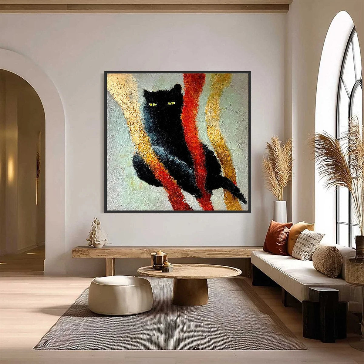 GOLDEN GAZE: Textured Impasto Black Cat Painting with Golden Accents | Abstract closeup, raised brushwork detail