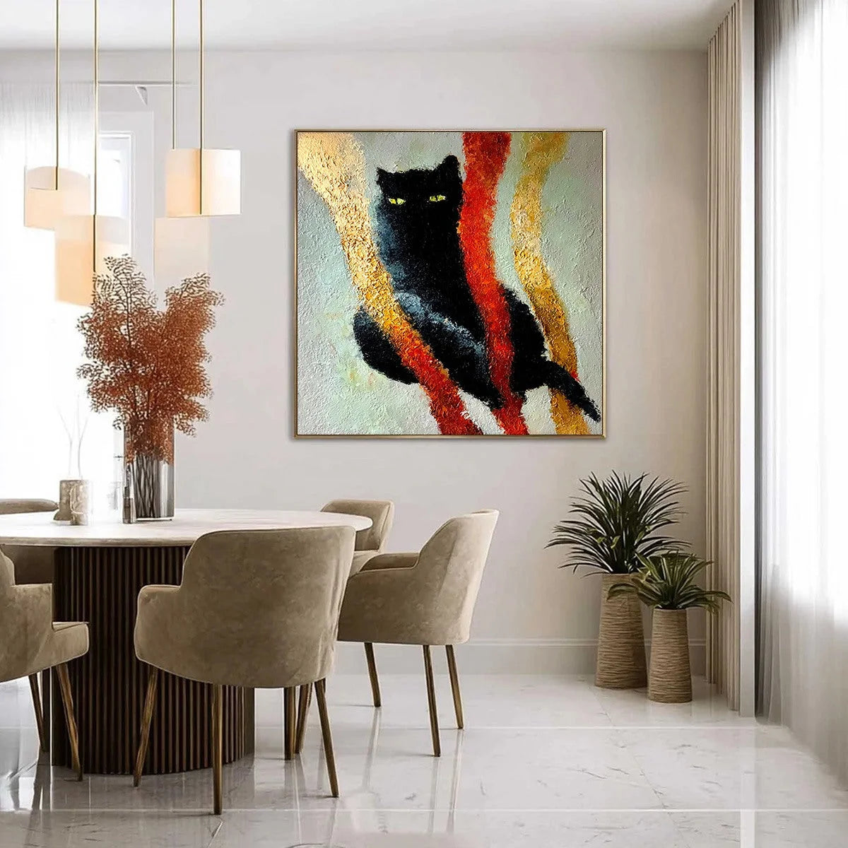 GOLDEN GAZE: Textured Impasto Black Cat Painting with Golden Accents | gold frame stretched on neutral wall