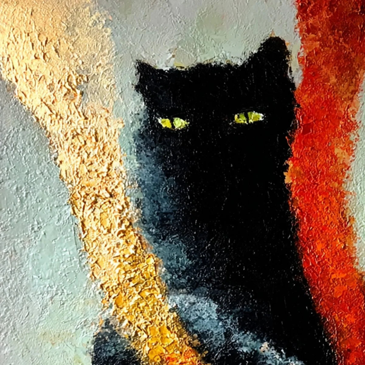 GOLDEN GAZE: Textured Impasto Black Cat Painting with Golden Accents | rolled canvas, ready for custom framing