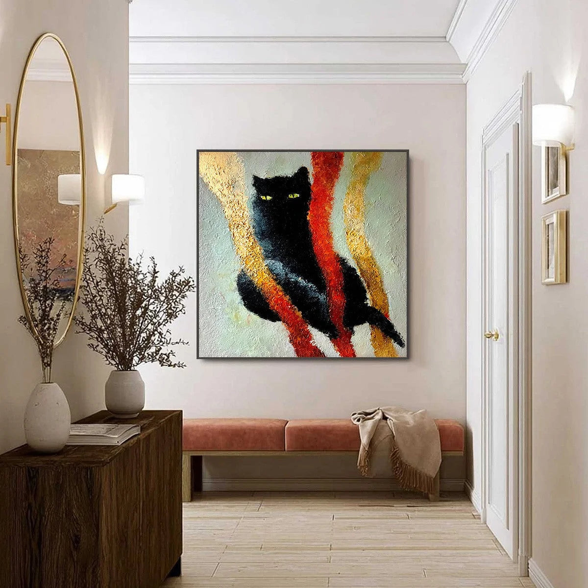 GOLDEN GAZE: Textured Impasto Black Cat Painting with Golden Accents | black frame version on white wall