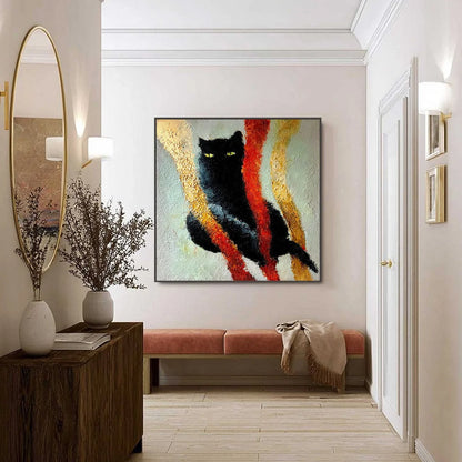 GOLDEN GAZE: Textured Impasto Black Cat Painting with Golden Accents | black frame version on white wall