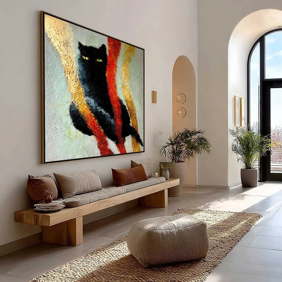 GOLDEN GAZE: Textured Impasto Black Cat Painting with Golden Accents | Abstract mood, soft natural light studio shot