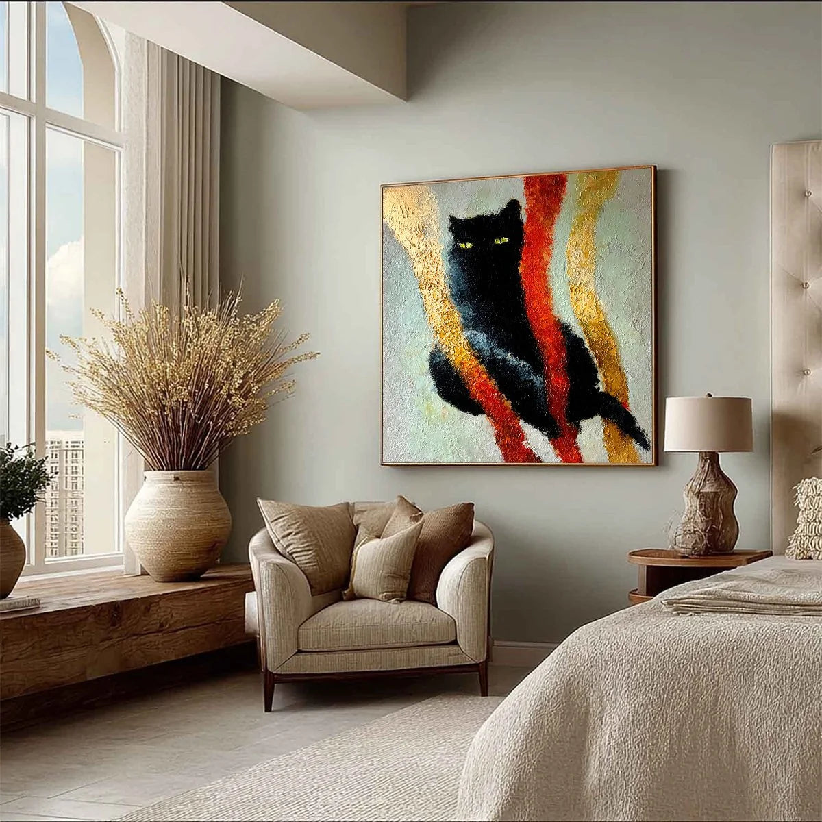 GOLDEN GAZE: Textured Impasto Black Cat Painting with Golden Accents | yellow palette, original oil on stretched canvas art