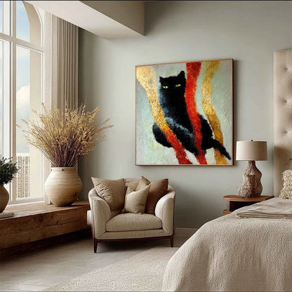 GOLDEN GAZE: Textured Impasto Black Cat Painting with Golden Accents | yellow palette, original oil on stretched canvas art