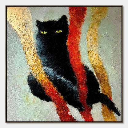 GOLDEN GAZE: Textured Impasto Black Cat Painting with Golden Accents | hanging in living room, Abstract wall art