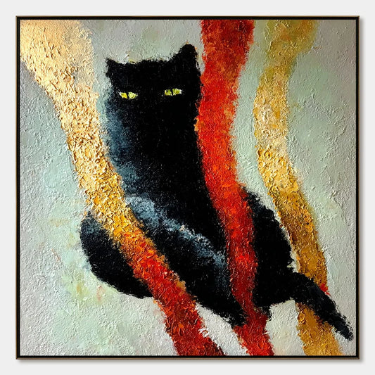 GOLDEN GAZE: Textured Impasto Black Cat Painting with Golden Accents | hanging in living room, Abstract wall art