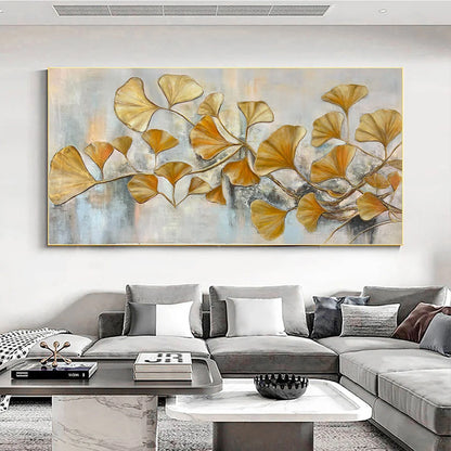 GOLDEN GINKGO: Textured Gold Leaf Oil Painting on Canvas | Figurative closeup, raised brushwork detail