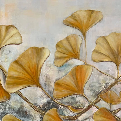 GOLDEN GINKGO: Textured Gold Leaf Oil Painting on Canvas | rectangular format, hand-painted canvas edge