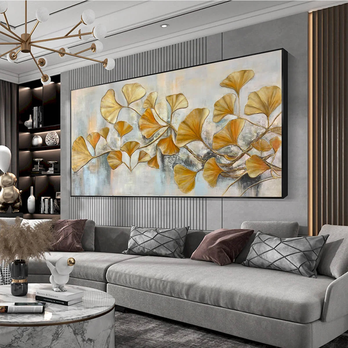 GOLDEN GINKGO: Textured Gold Leaf Oil Painting on Canvas | gold frame stretched on neutral wall