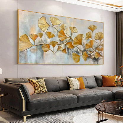 GOLDEN GINKGO: Textured Gold Leaf Oil Painting on Canvas | black frame version on white wall