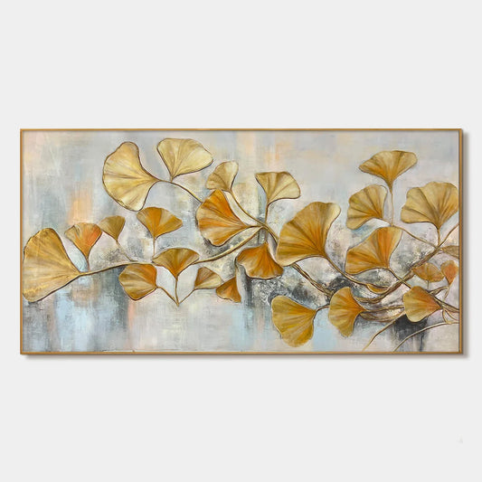 GOLDEN GINKGO: Textured Gold Leaf Oil Painting on Canvas | hanging in living room, Figurative wall art
