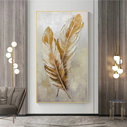 GOLDEN GRACE: Vertical Painting of Golden Feathers, Textured Impasto, Modern Wall Art | Figurative closeup, raised brushwork detail