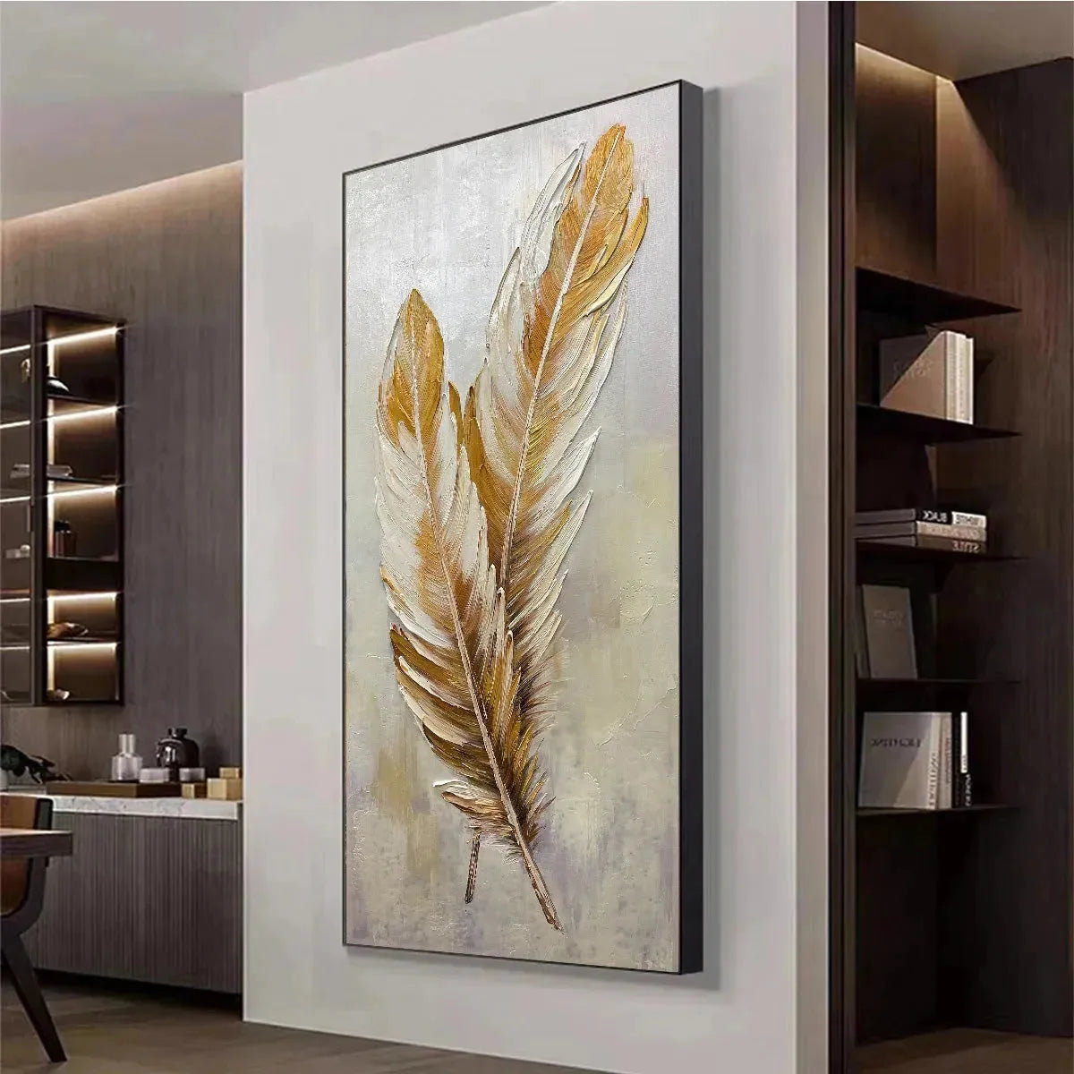 GOLDEN GRACE: Vertical Painting of Golden Feathers, Textured Impasto, Modern Wall Art | gold frame stretched on neutral wall