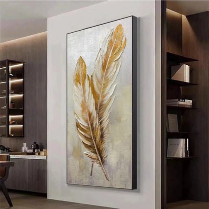 GOLDEN GRACE: Vertical Painting of Golden Feathers, Textured Impasto, Modern Wall Art | gold frame stretched on neutral wall