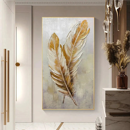 GOLDEN GRACE: Vertical Painting of Golden Feathers, Textured Impasto, Modern Wall Art | rolled canvas, ready for custom framing