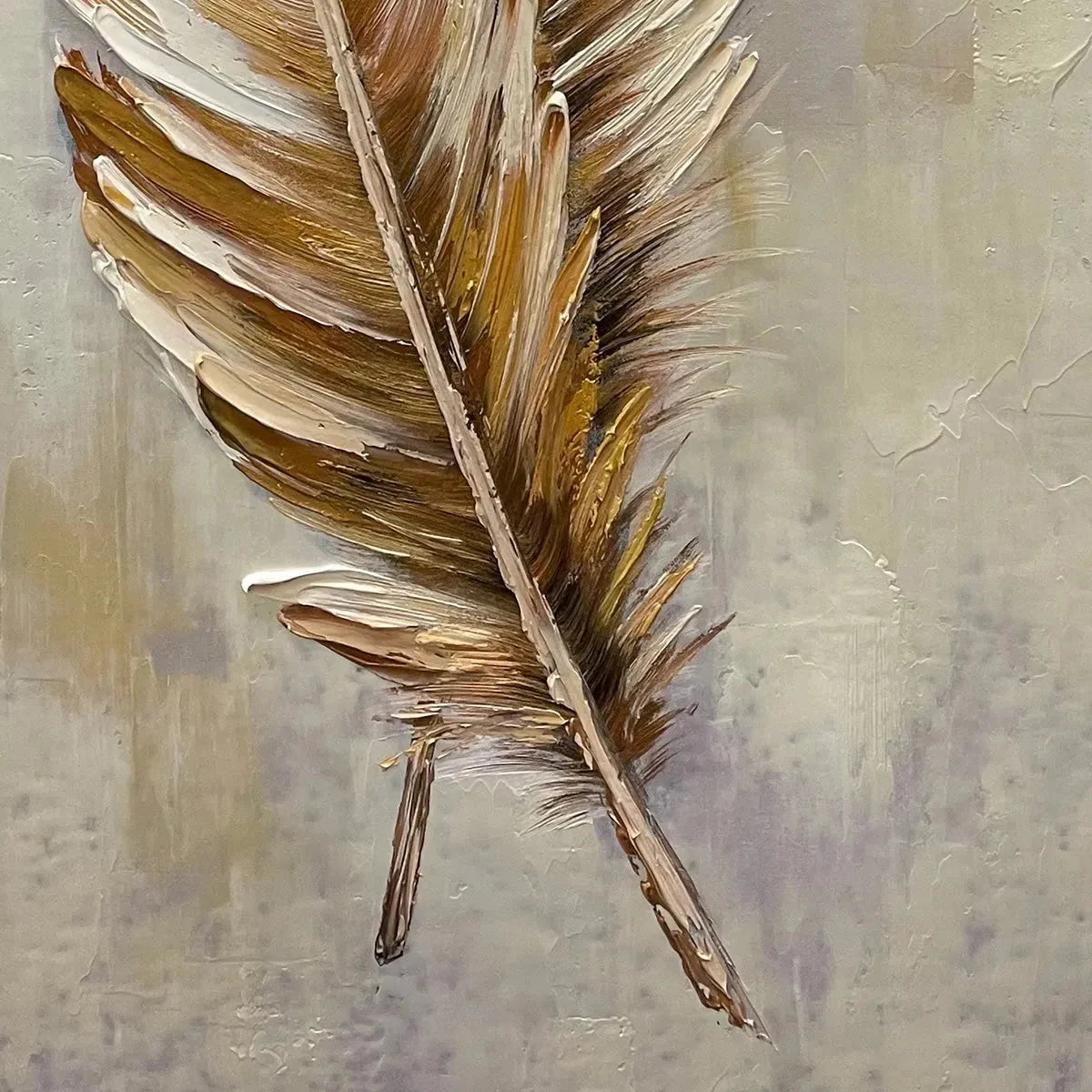 GOLDEN GRACE: Vertical Painting of Golden Feathers, Textured Impasto, Modern Wall Art | black frame version on white wall