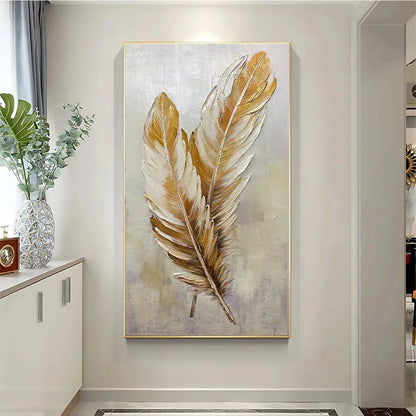 GOLDEN GRACE: Vertical Painting of Golden Feathers, Textured Impasto, Modern Wall Art | Figurative mood, soft natural light studio shot
