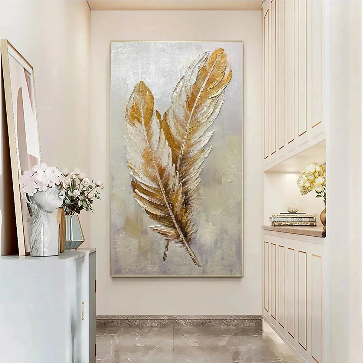 GOLDEN GRACE: Vertical Painting of Golden Feathers, Textured Impasto, Modern Wall Art | yellow palette, original oil on stretched canvas art