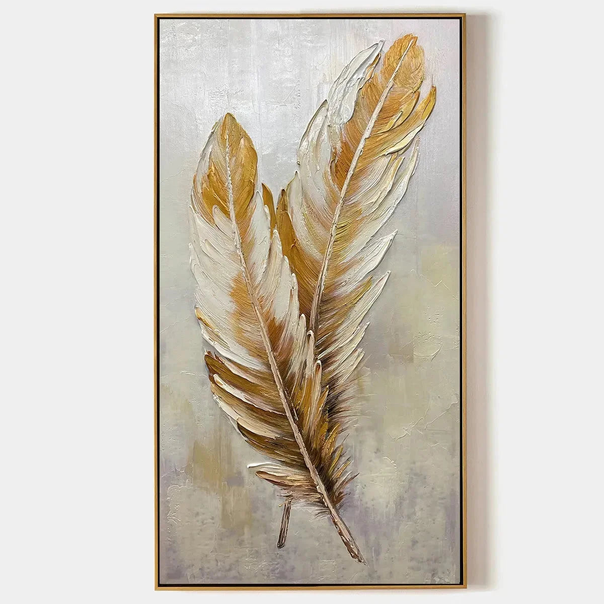 GOLDEN GRACE: Vertical Painting of Golden Feathers, Textured Impasto, Modern Wall Art | hanging in living room, Figurative wall art