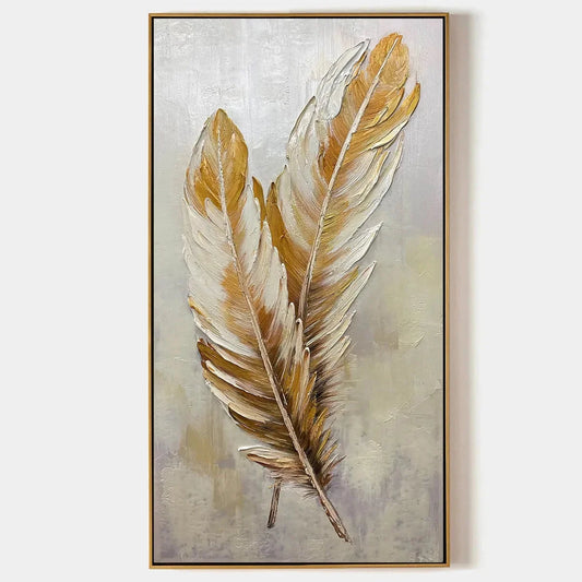 GOLDEN GRACE: Vertical Painting of Golden Feathers, Textured Impasto, Modern Wall Art | hanging in living room, Figurative wall art