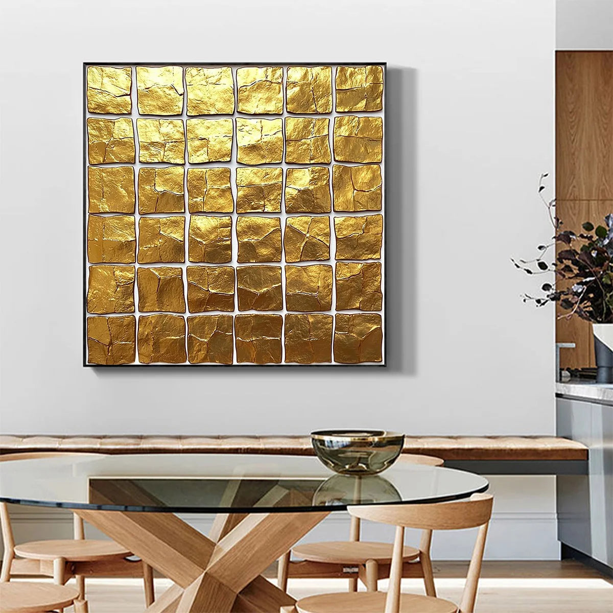 GOLDEN GRID: Textured Minimalist Abstract Oil Painting in Gold | Minimalist closeup, raised brushwork detail