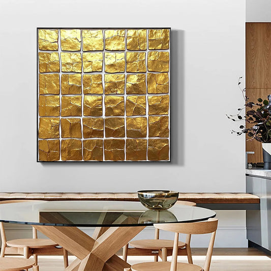 GOLDEN GRID: Textured Minimalist Abstract Oil Painting in Gold
