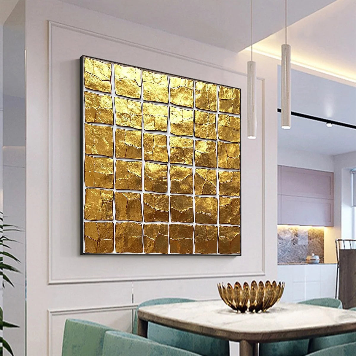 GOLDEN GRID: Textured Minimalist Abstract Oil Painting in Gold | gold frame stretched on neutral wall