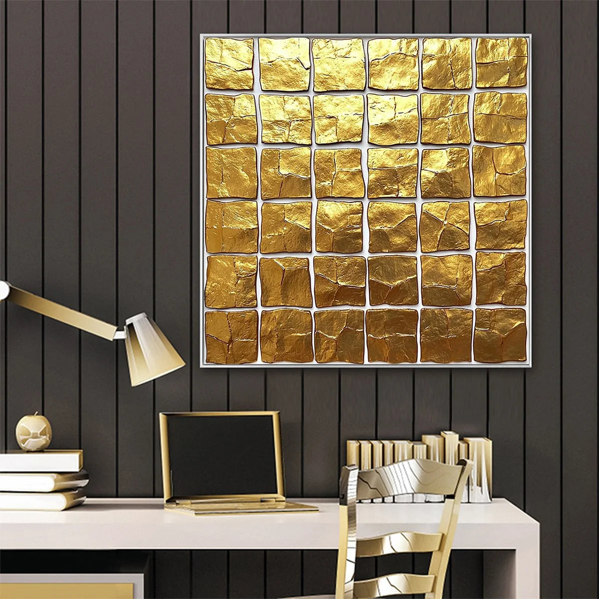GOLDEN GRID: Textured Minimalist Abstract Oil Painting in Gold | black frame version on white wall