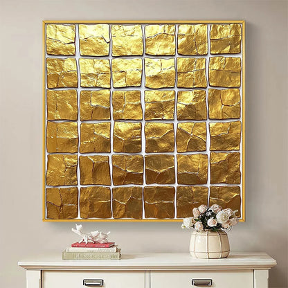 GOLDEN GRID: Textured Minimalist Abstract Oil Painting in Gold | Minimalist mood, soft natural light studio shot