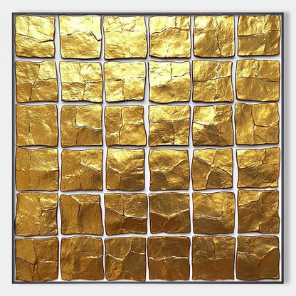 GOLDEN GRID: Textured Minimalist Abstract Oil Painting in Gold | hanging in living room, Minimalist wall art