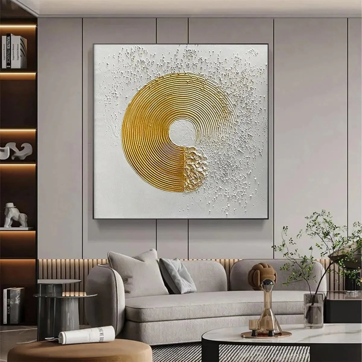 GOLDEN HARMONY: Textured Gold and White Abstract Painting, Square Wall Art | gold frame stretched on neutral wall