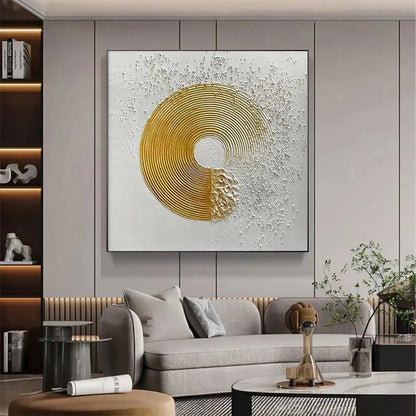 GOLDEN HARMONY: Textured Gold and White Abstract Painting, Square Wall Art | gold frame stretched on neutral wall