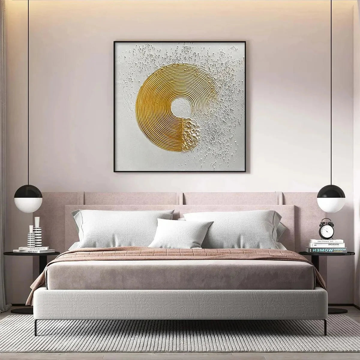GOLDEN HARMONY: Textured Gold and White Abstract Painting, Square Wall Art | black frame version on white wall
