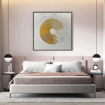 GOLDEN HARMONY: Textured Gold and White Abstract Painting, Square Wall Art | black frame version on white wall