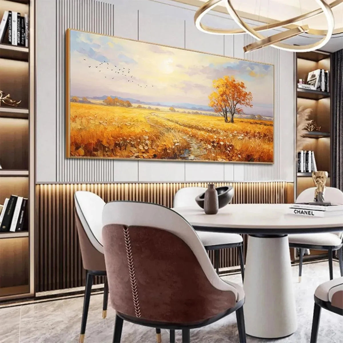 GOLDEN HARVEST: Landscape Painting of a Golden Field at Sunset | gold frame stretched on neutral wall