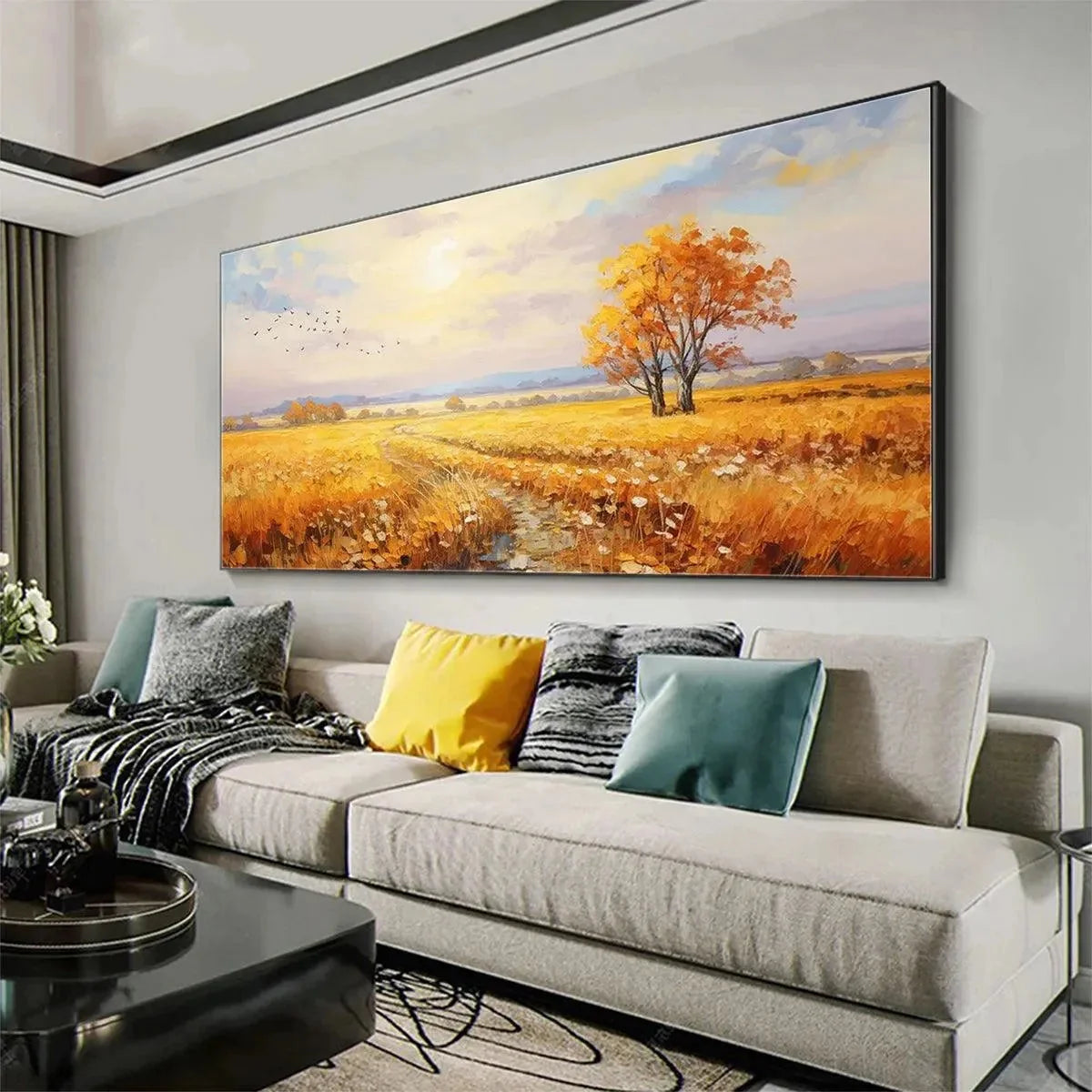 GOLDEN HARVEST: Landscape Painting of a Golden Field at Sunset | rolled canvas, ready for custom framing