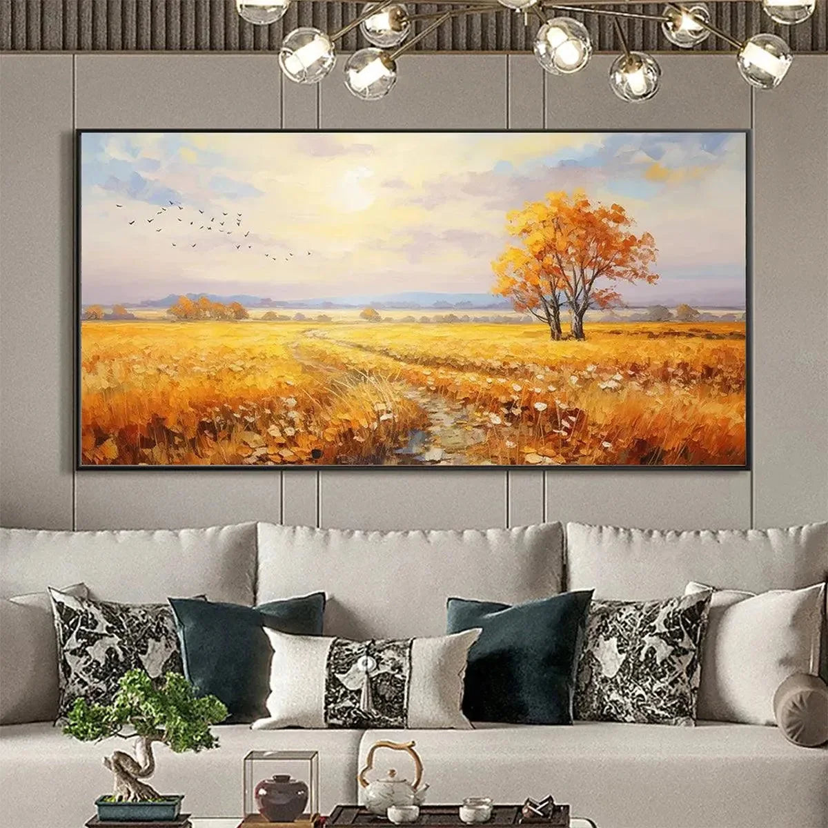 GOLDEN HARVEST: Landscape Painting of a Golden Field at Sunset | black frame version on white wall